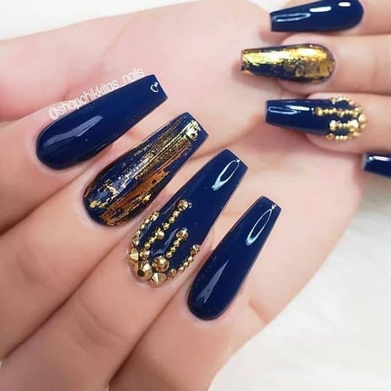 Square Shaped Navy Blue Nails With Golden Glitter