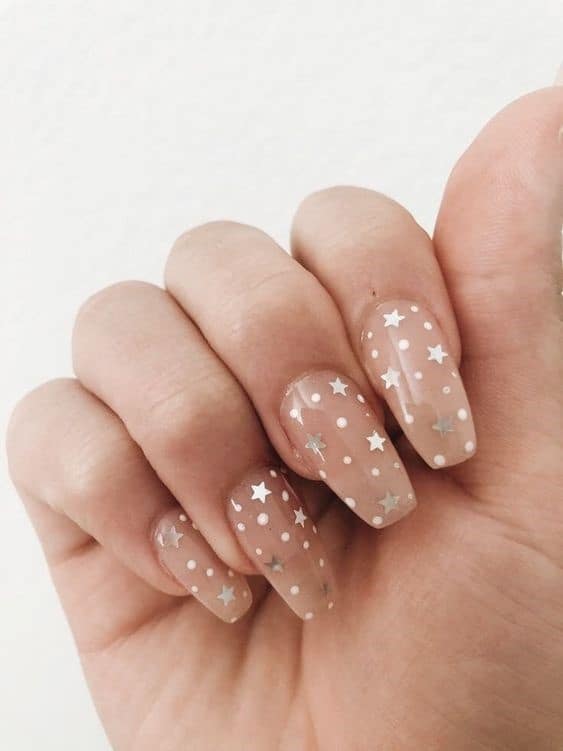 Square Shaped Nude Nails With Star Details