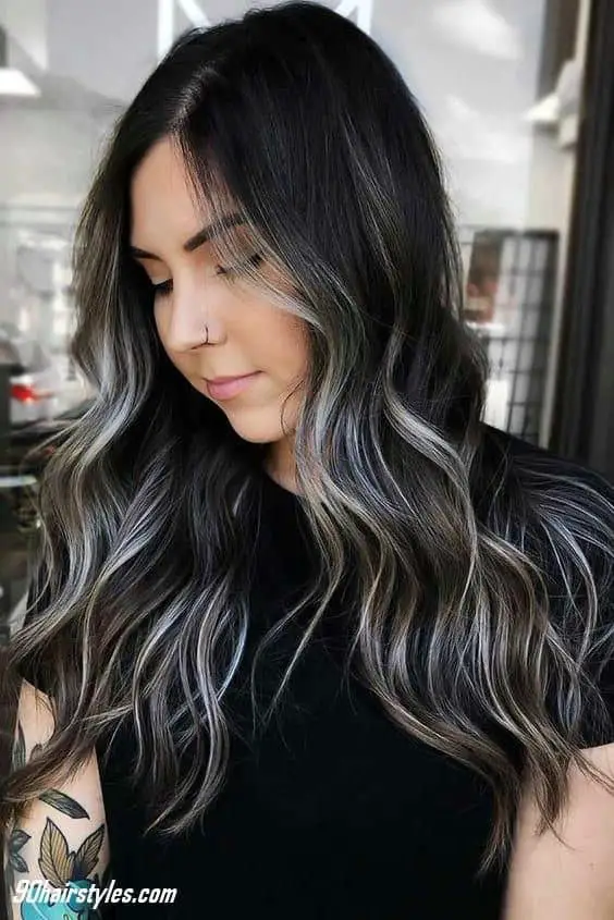 30+ Gorgeous Grey and Silver Highlights on Black Hair (2023 Update) 15 Black Hair with Ash Blonde Highlights