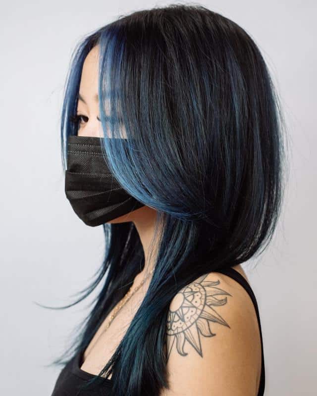 40 Best Blue Highlights on Black Hair Ideas (2023 Update) 17 Blue Money Piece On Black Hair 2