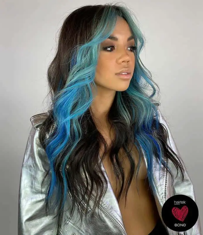 40 Best Blue Highlights on Black Hair Ideas (2023 Update) 18 Blue Money Piece On Black Hair 3