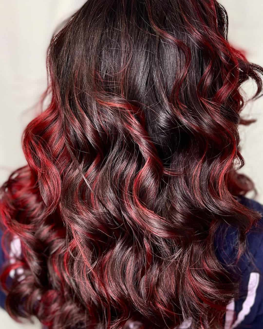 Bright & Loud Red Highlights On Black Hair