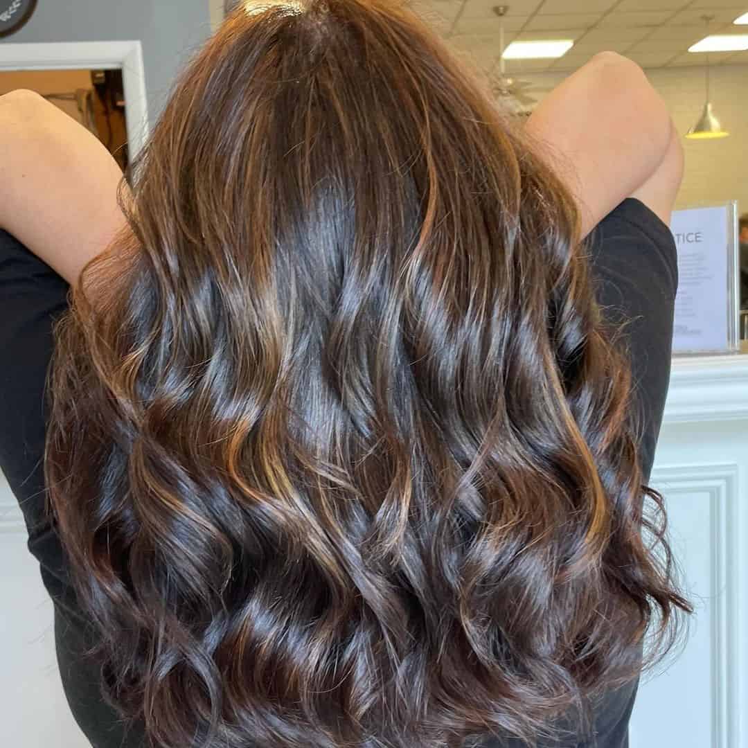 Caramel Highlights On Black Hair Voluminous Long Look 