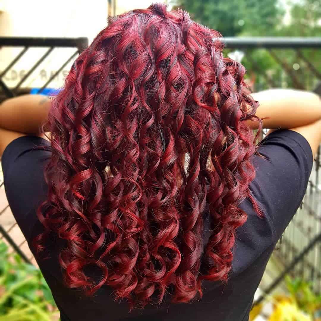 Curled Up Look Red Highlights On Black Hair