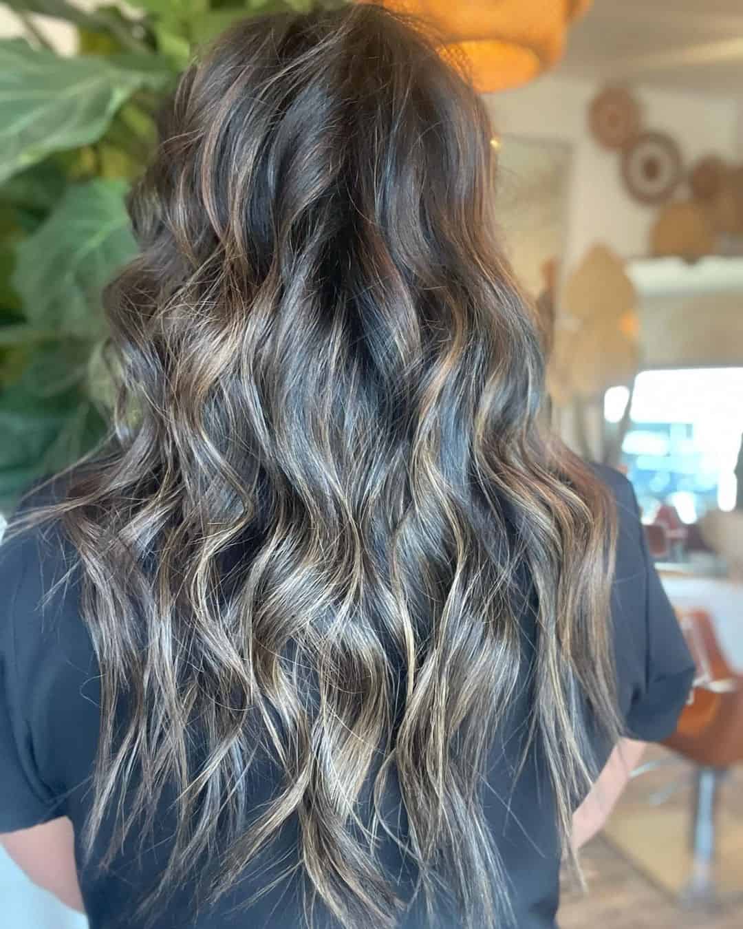 Curly & Loose Waves Blonde Highlights On Black Hair