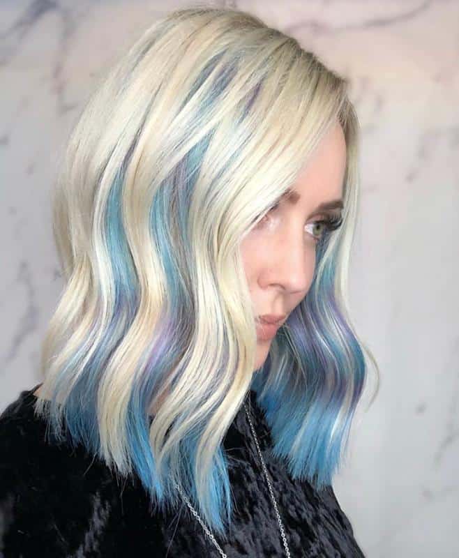 short blonde hair with blue highlights