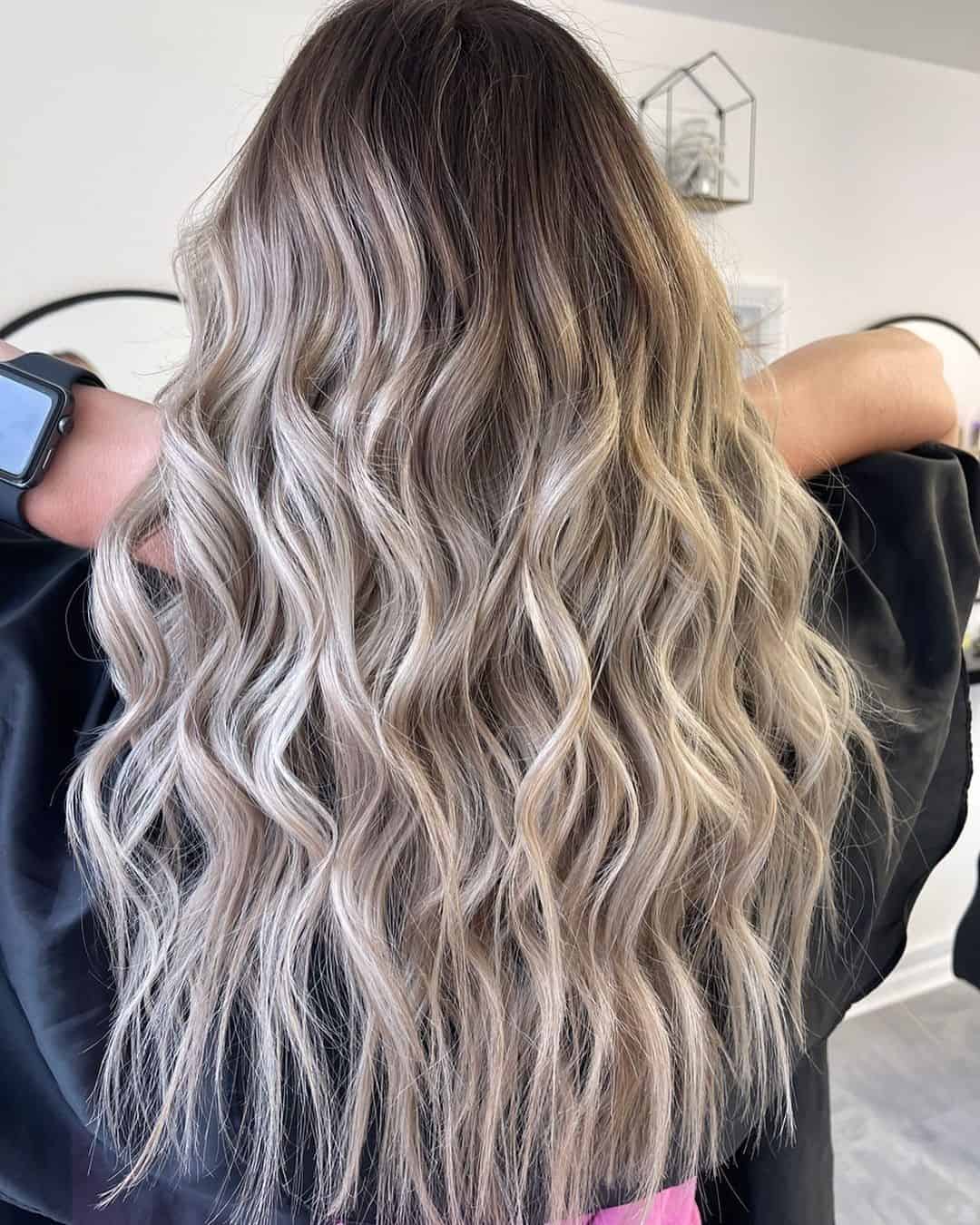 Long & Wavy Blonde Highlights On Black Hair 