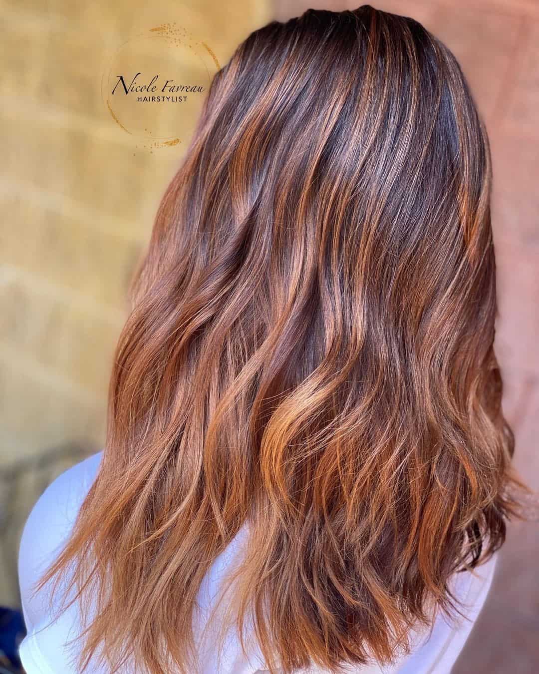 Loose Waves Copper Highlights On Dark Brown Hair