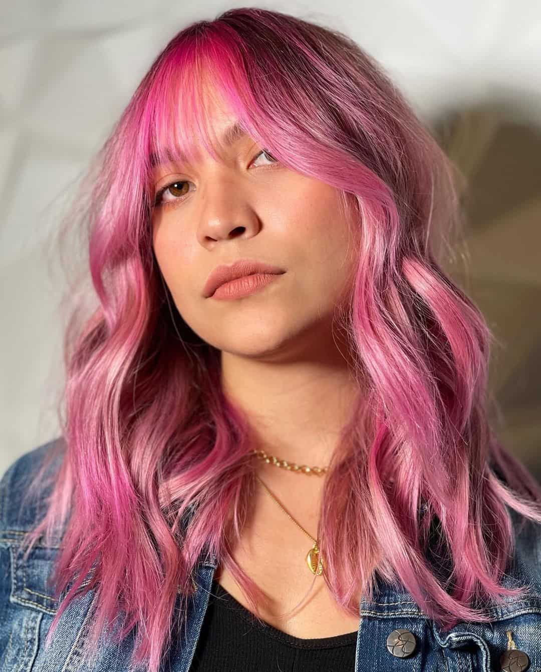 Medium Layered Hair With Bangs Light Pink 