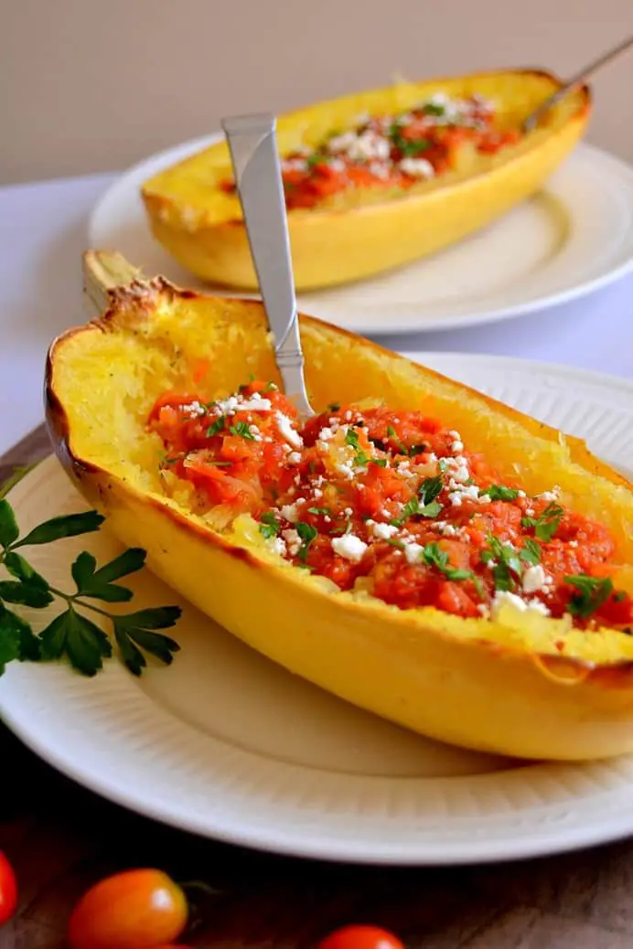 SPAGHETTI SQUASH WITH ROASTED GARLIC CHERRY TOMATO SAUCE