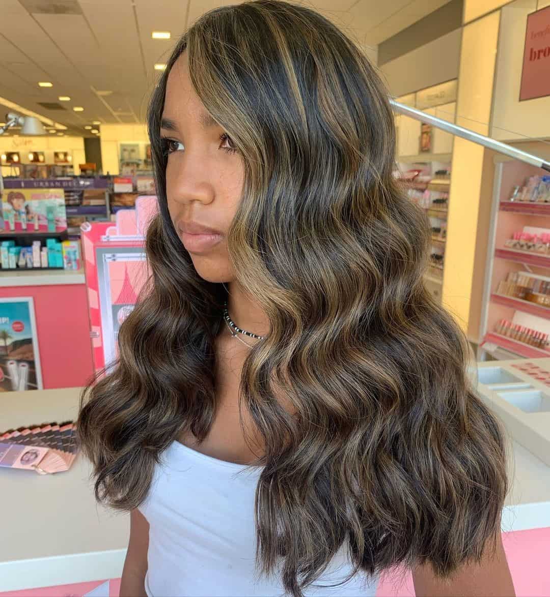 Side Swept Hollywood Waves Caramel Highlights On Black Hair