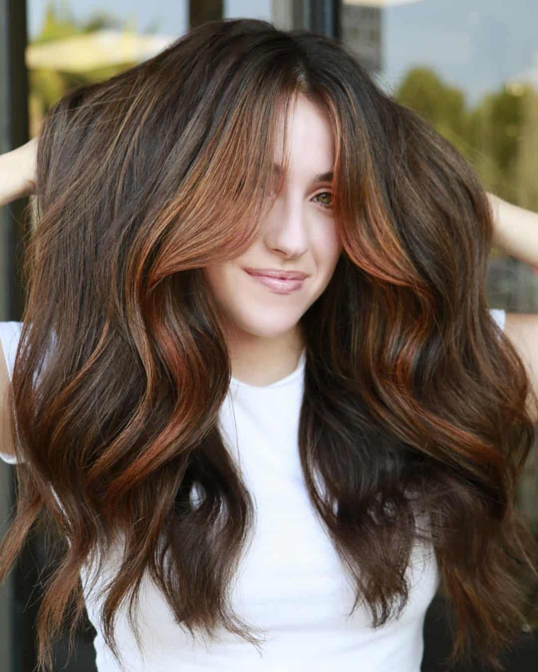 Voluminous & Wavy Hair Copper Highlights On Brown Hair 