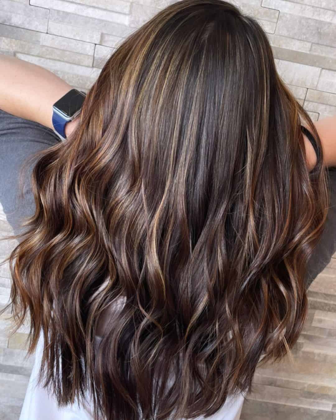 Wavy Caramel Highlights On Black Hair