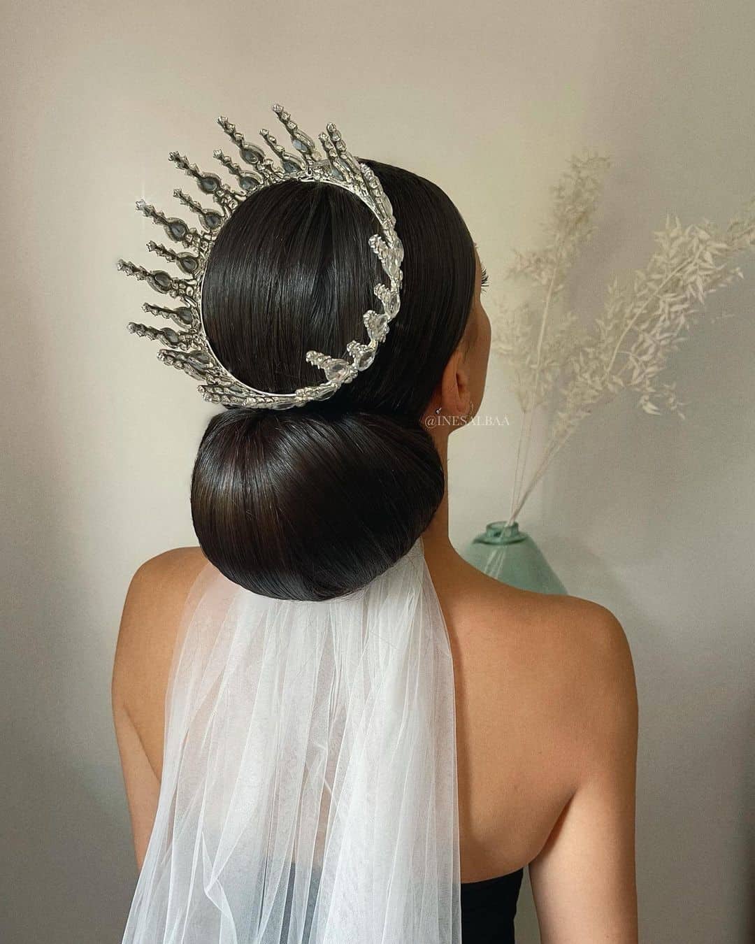 Wedding Hairstyle With Veil Black Hair & A Crown 