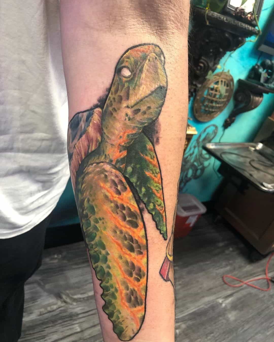 Arm Realistic Sea Turtle Tattoo 