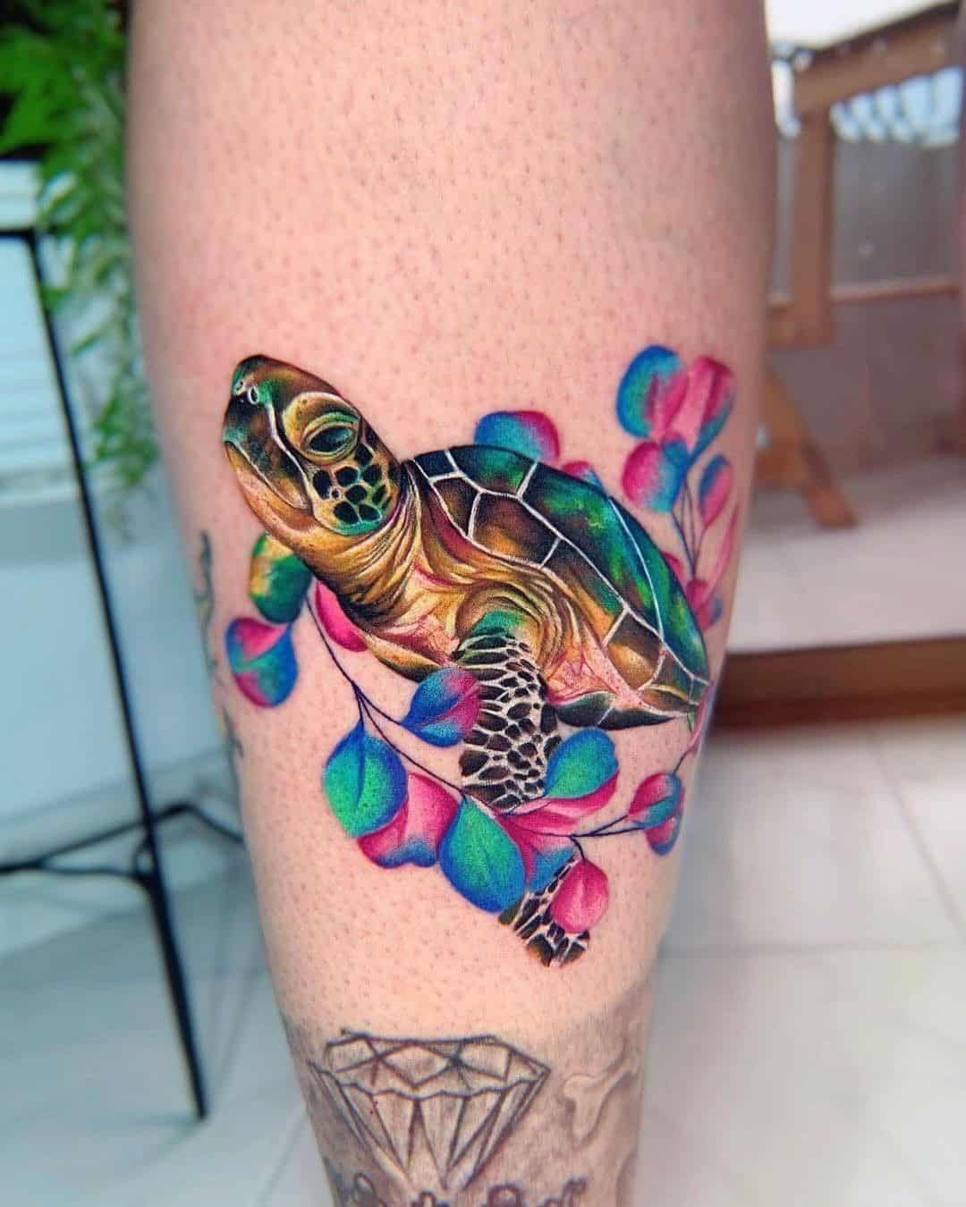 Colorful & Loud Sea Turtle Tattoo Design 
