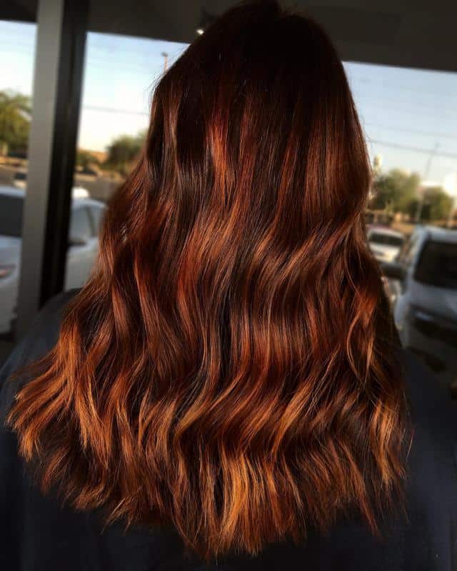 70+ Red Hairstyle With Highlights, Lowlights and Balayage (2023 Update) 64 Dark Auburn Mixed With Blond Highlights 2