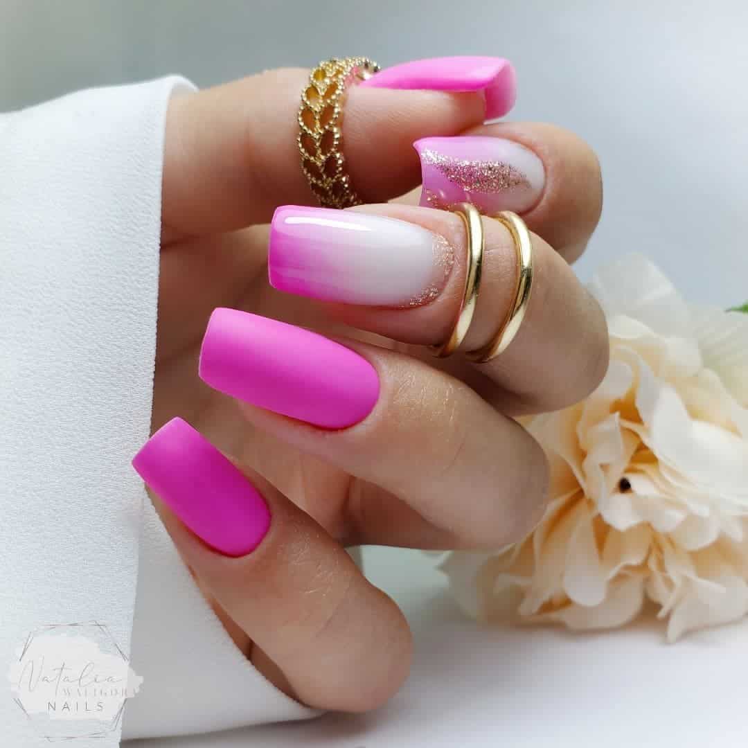 Hot Pink Matte Nails With Glitter