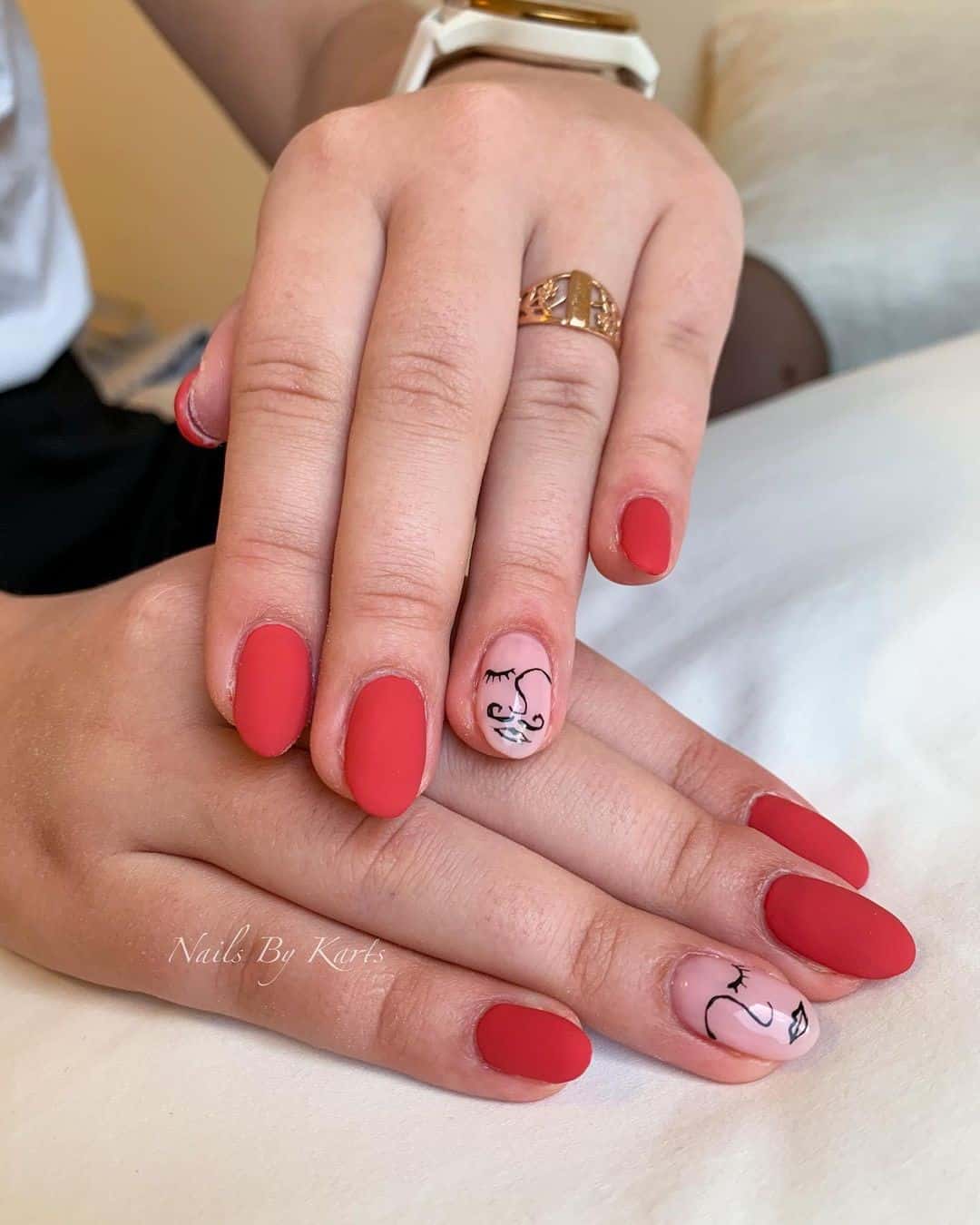 Hot Red Matte Nails With Art