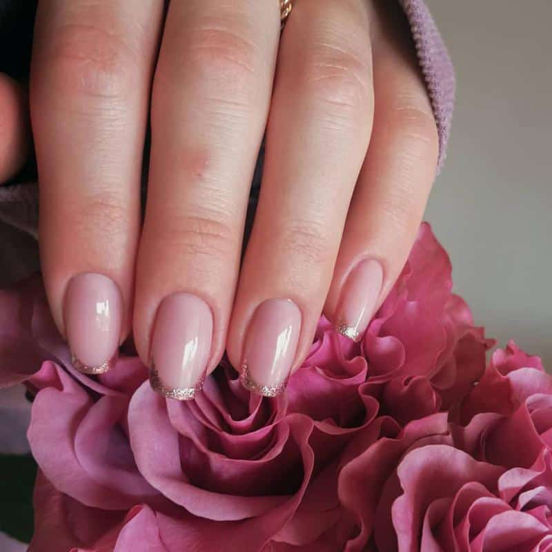 Rose Gold Nails With Golden French Tip 1