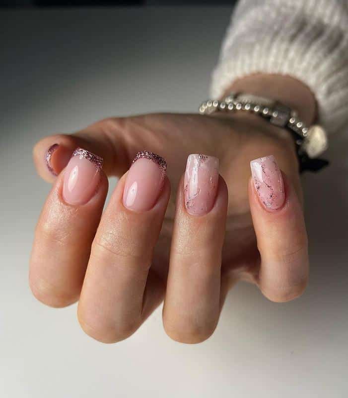Rose Gold Nails With Golden French Tip 3