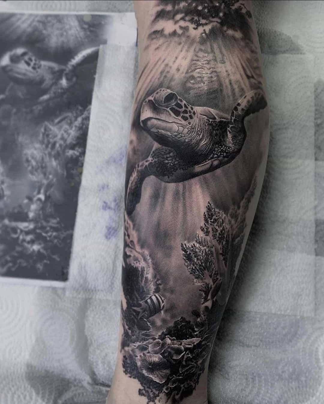 Awesome Turtles Tattoo On Half Sleeve