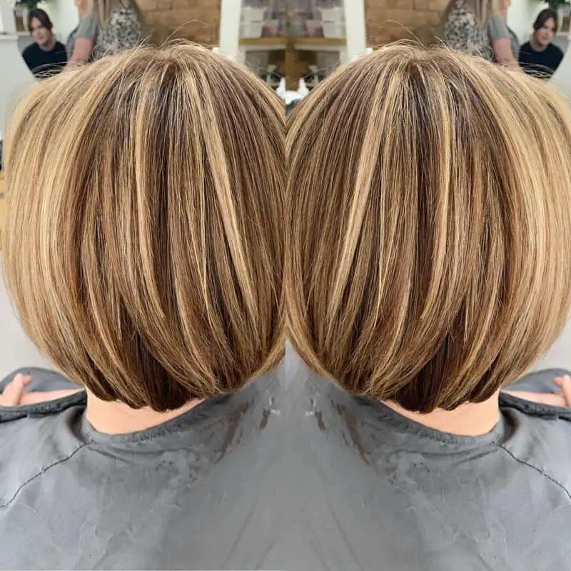 Short Caramel-Streaked A-Line Bob Hairstyle 2