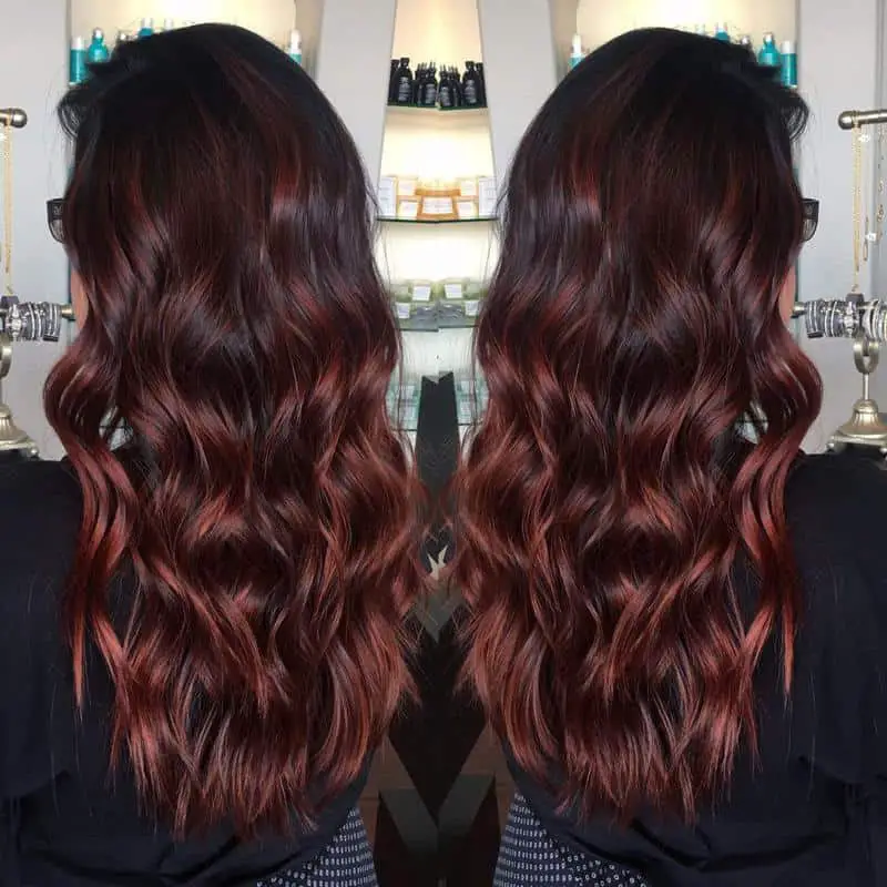 Straight Dark Red Hair With Caramel Highlights 2