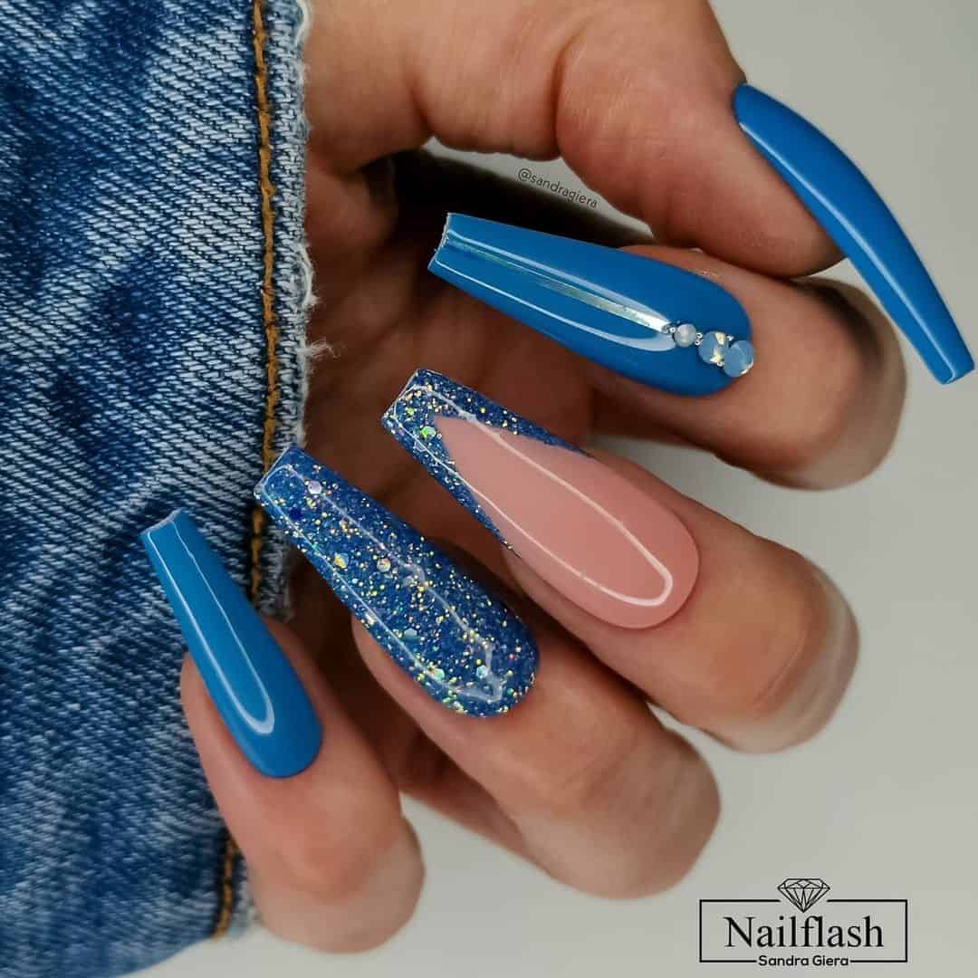 Acrylic Long Blue Nails With A Gemstone & Glitter