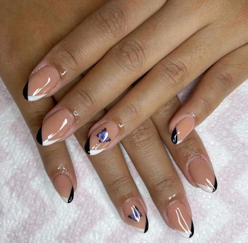 36 Butterfly Nail Designs Ideas That Will Make Your Heart Twinkle 23 Black & White Tips + Colored Butterflies