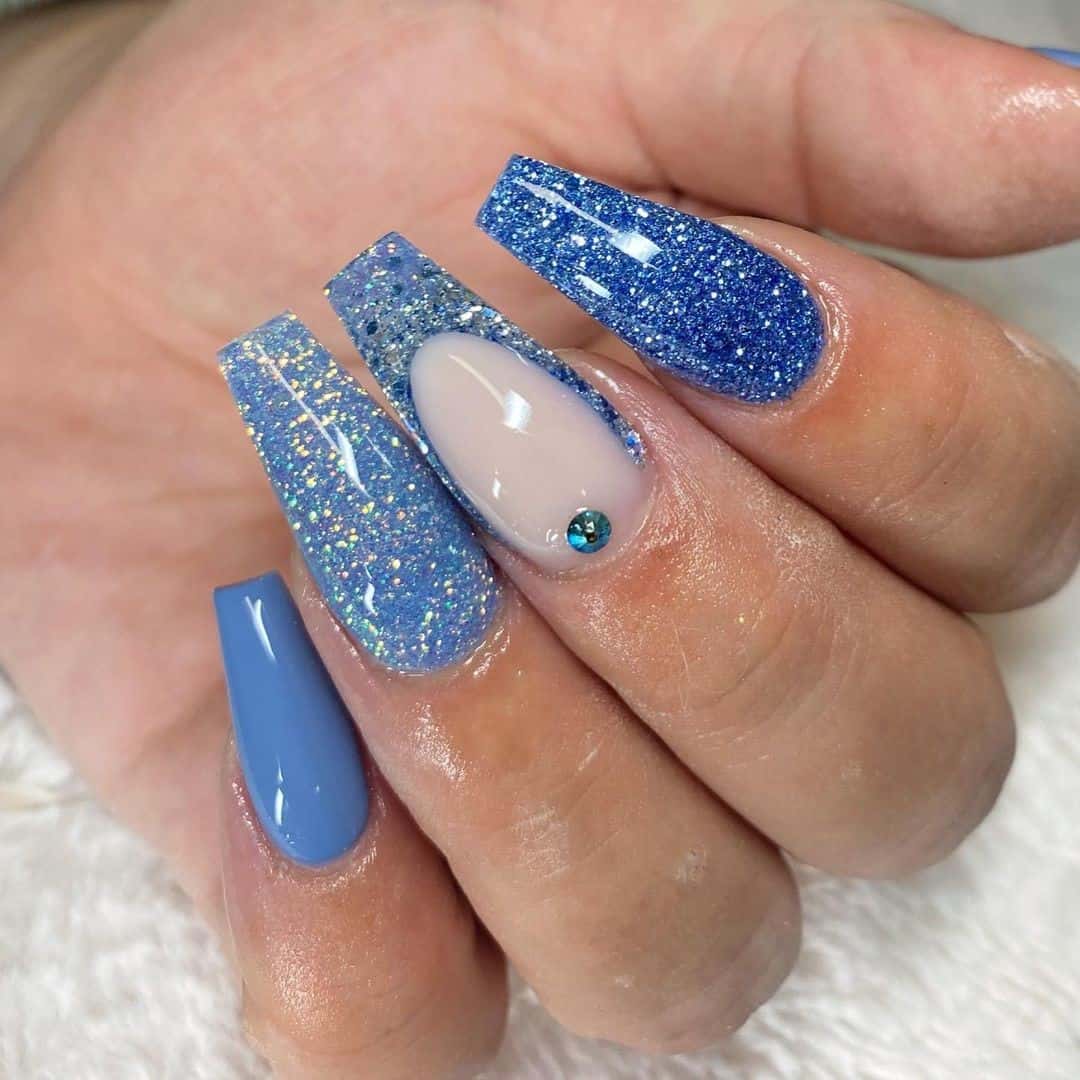 Blue Square Long Glitter Nails