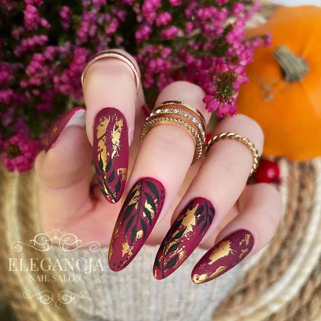 Burgundy & Gold Winter Nail Design