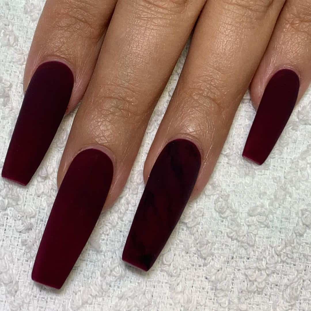 40+ Unique Burgundy Nail Design Ideas (Square & Coffin, Oval & Almond) 22 Burgundy Nails Matte Manicure