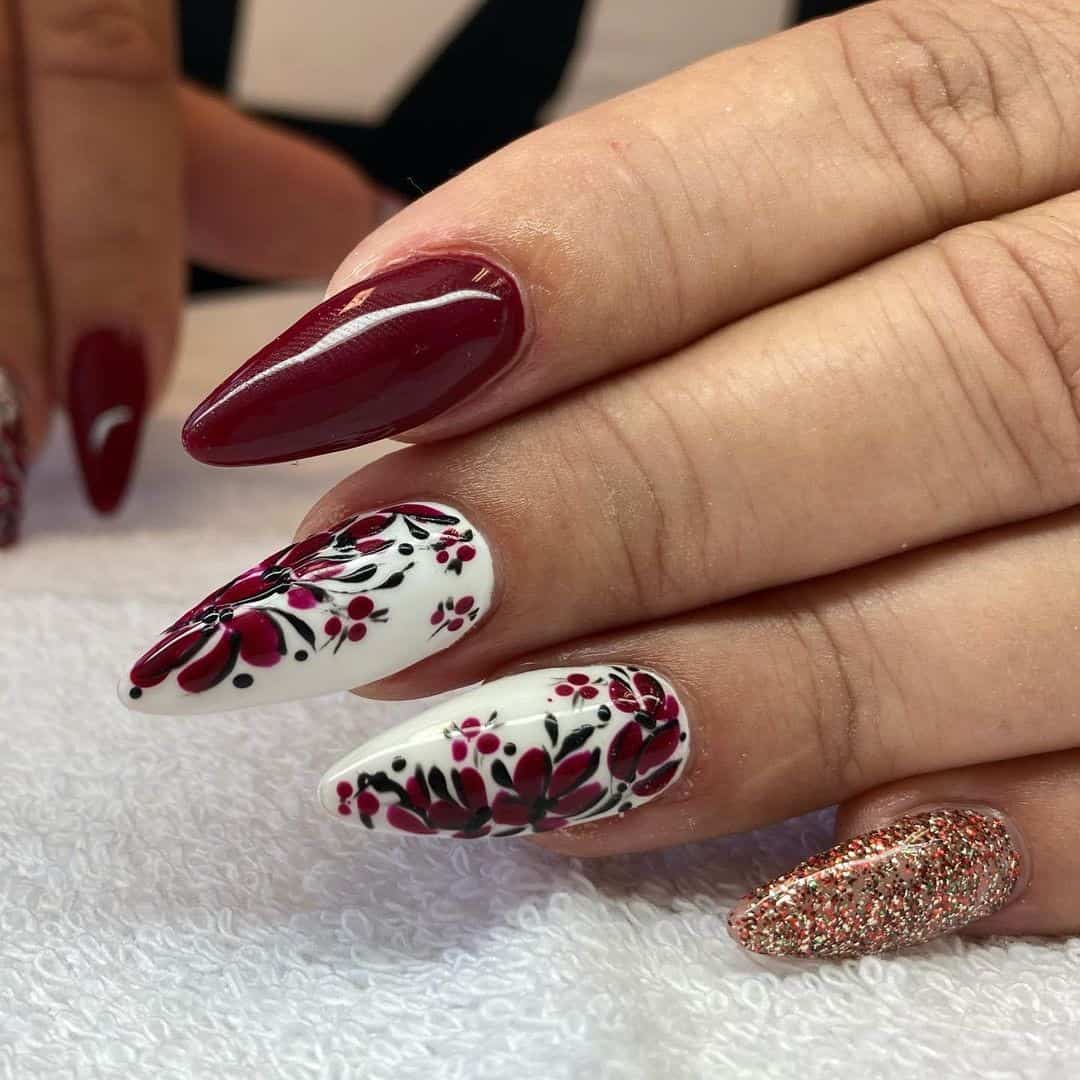 Burgundy Nails With Flowers 