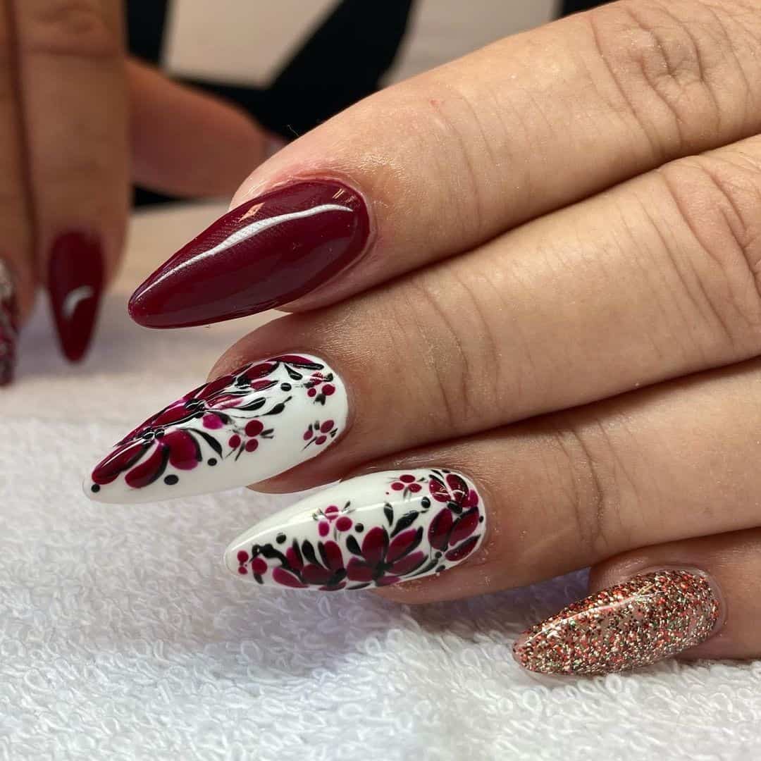 40+ Unique Burgundy Nail Design Ideas (Square & Coffin, Oval & Almond) 31 Burgundy Nails With Flowers