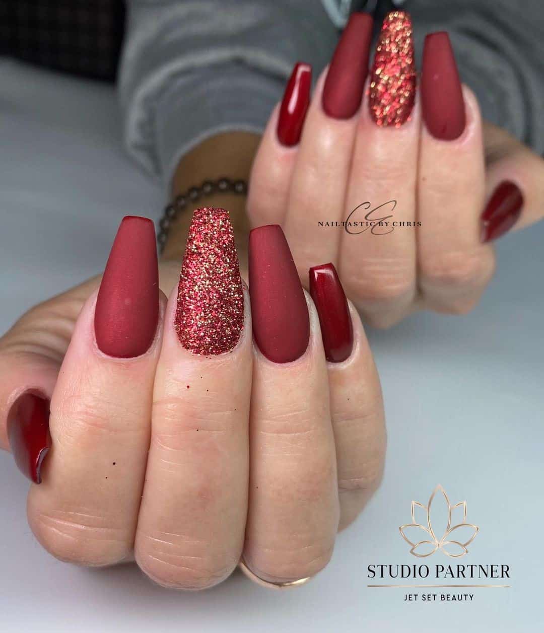 Coffin Red Glitter Nails