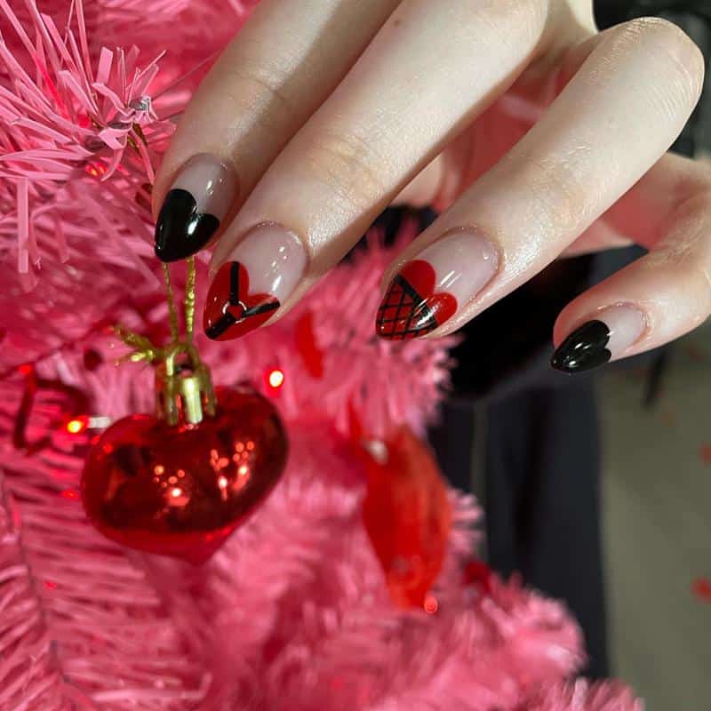 Dark Red And Black Heart Nails