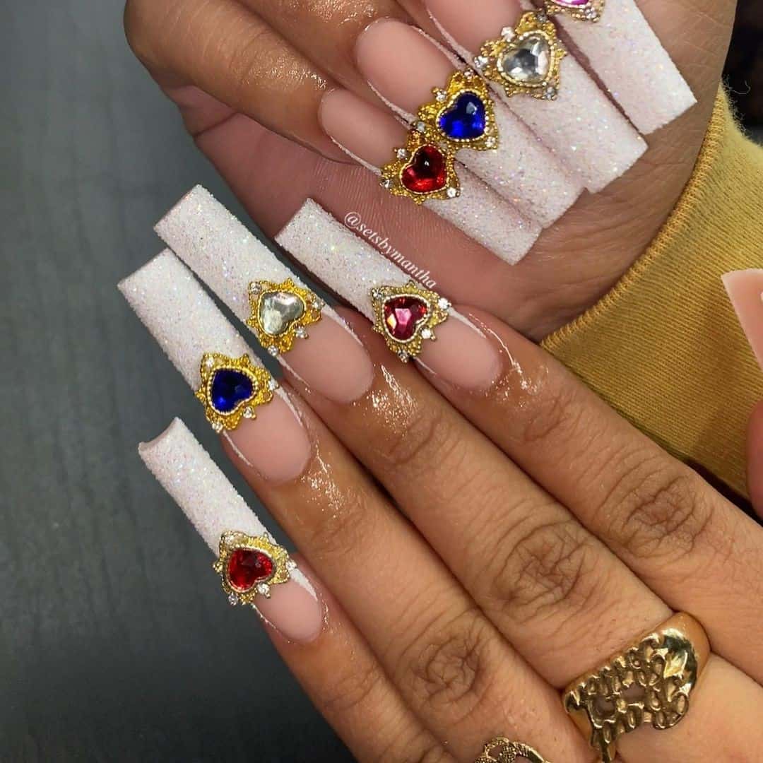 Feminine Sailor Moon Inspo Nail Designs With Diamonds