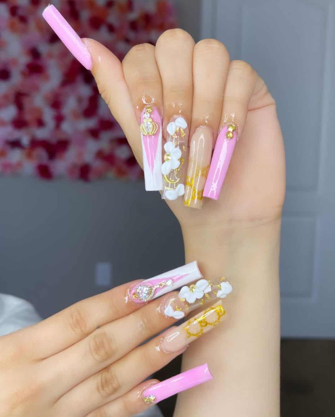 Floral Nail Designs With Diamonds