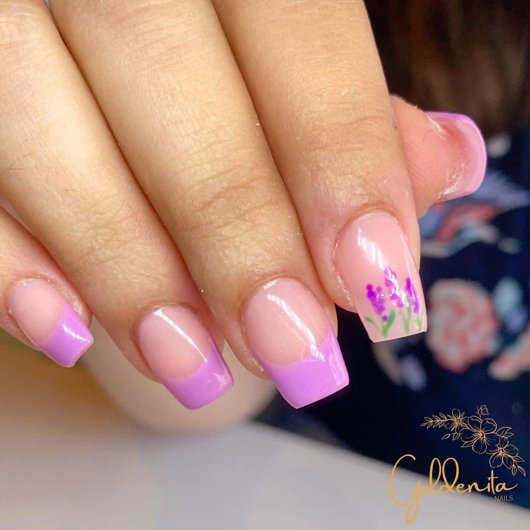 French Lilac Nails With Flowers