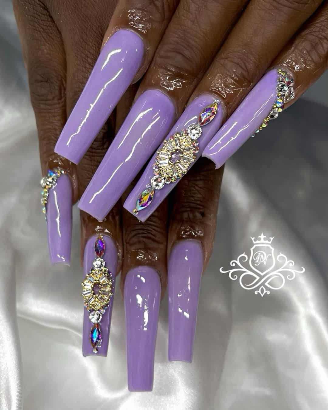 Lilac Purple Manicure With Gemstones