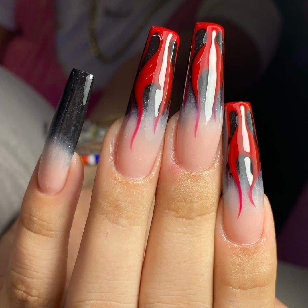Long Acrylic Nails With Red & Black Color