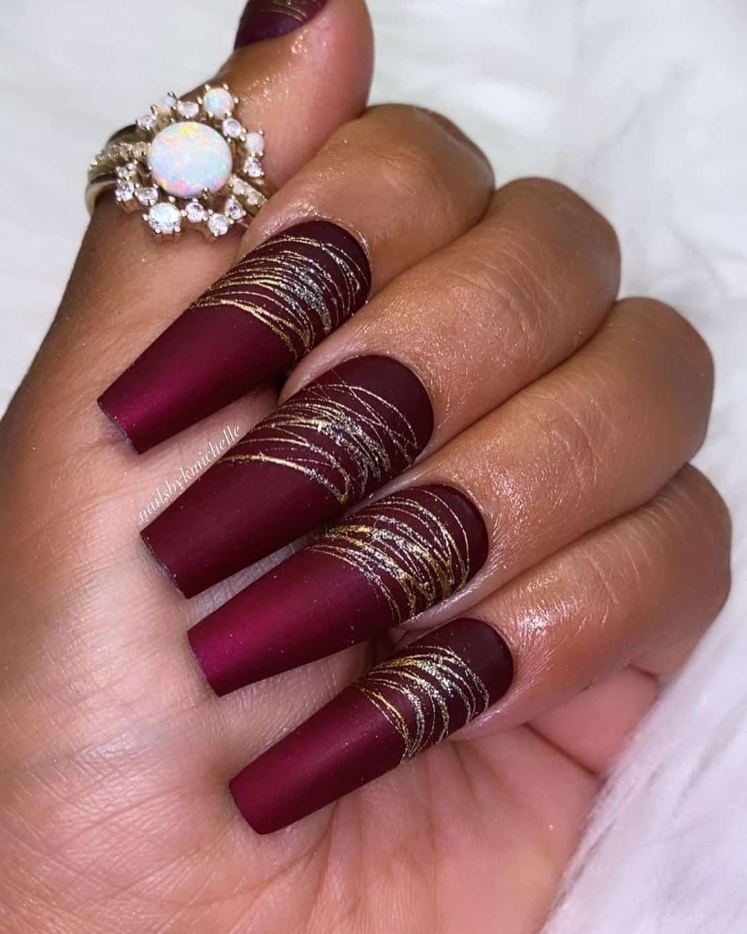 40+ Unique Burgundy Nail Design Ideas (Square & Coffin, Oval & Almond) 17 Long Coffin Burgundy Nails