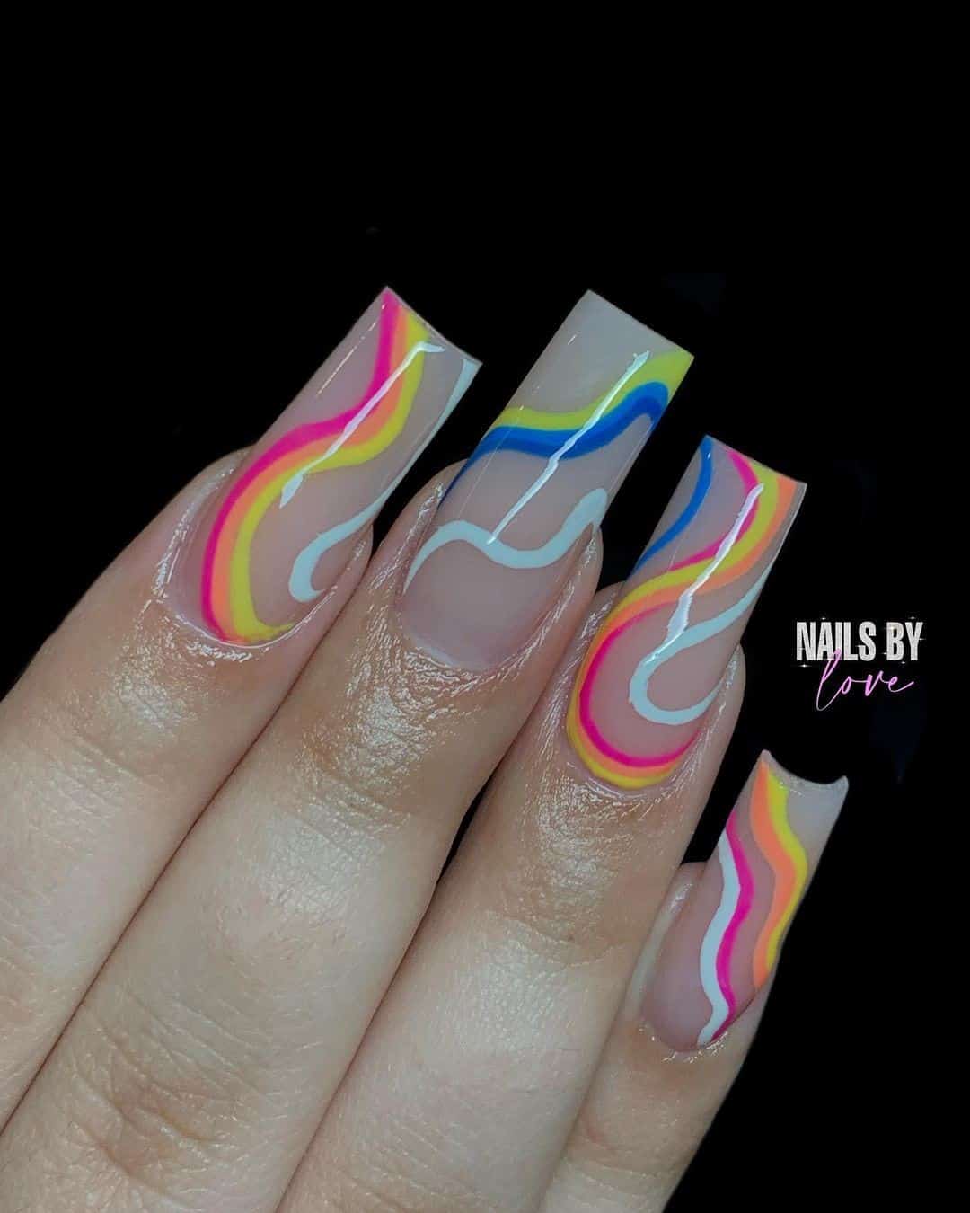 Long Coffin Rainbow Design Manicure