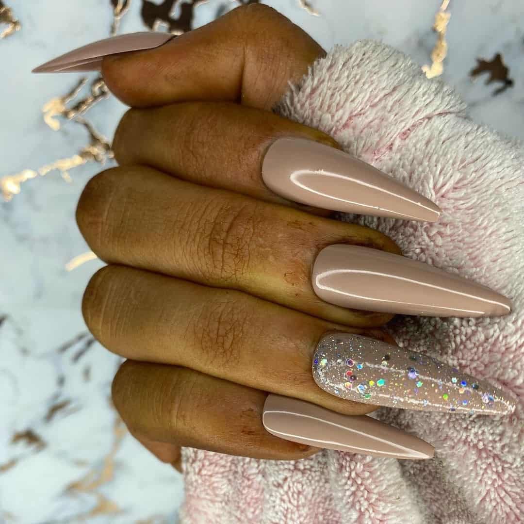 Long Nude Acrylic Nails With Glitter