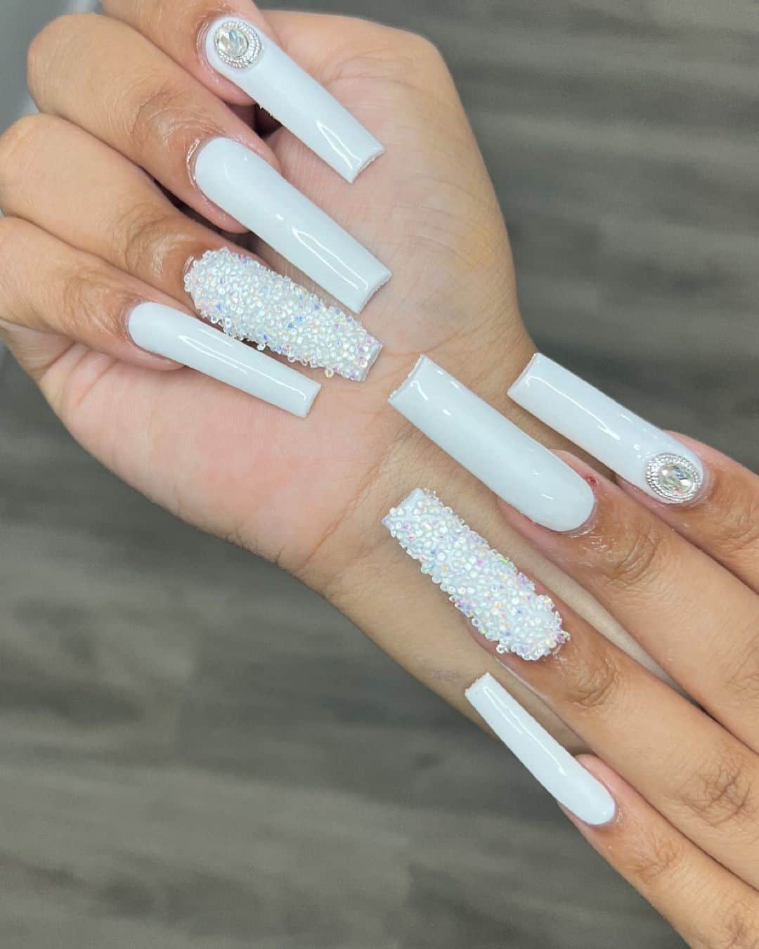 Long White Nail Designs With Diamonds