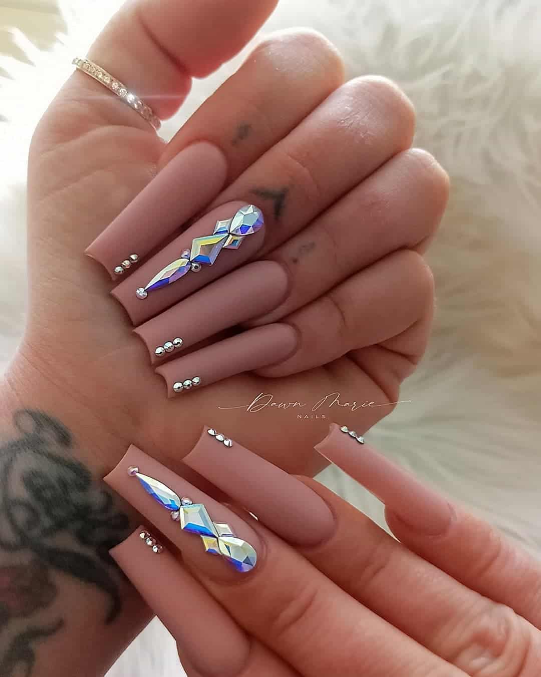 Nude Birthday Nails With Diamonds