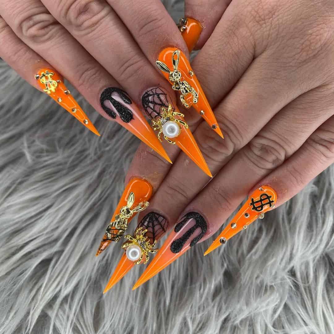 Orange Nail Designs With Diamonds