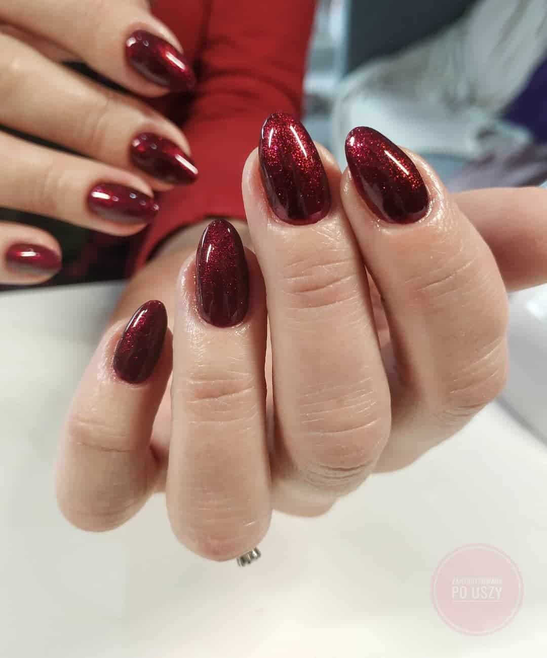Oval Nails With Glitter Burgundy Manicure