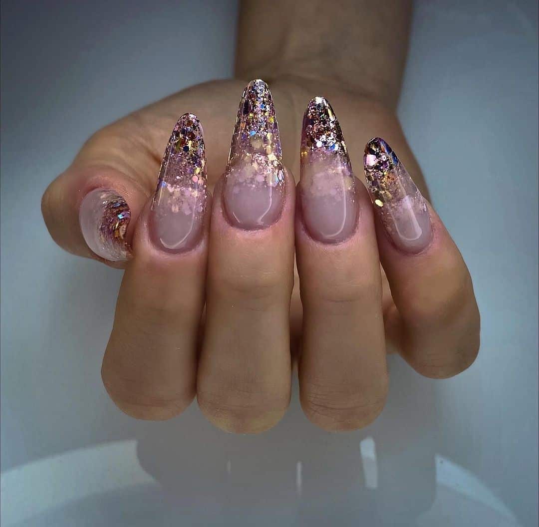 Oval Pink Glitter Nails